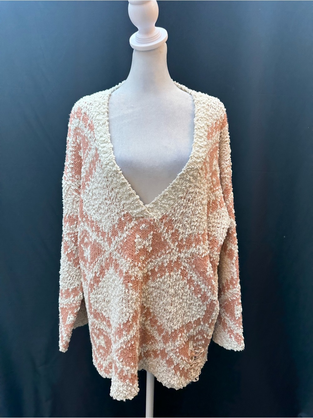 POL Peach & Cream V-Neck Textured Oversized Comfy Sweater S